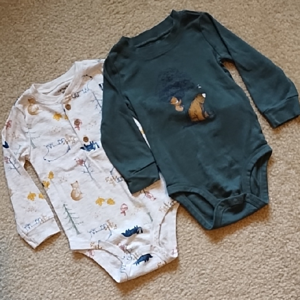 2 Carter's Bodysuits Unisex Size 18 Months Animals Long Sleeve Green White Brown